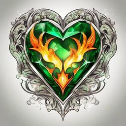 A green emerald gemstone in the shape of a heart with flames on top of it.  ,tattoo design, white background