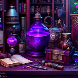 wizard's study with spell books, potion bottles, and mystical artifacts. 