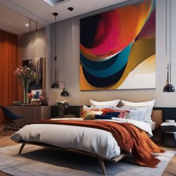 Elegant Artistic Bedroom - Create a bedroom that doubles as an artistic and creative space. , bedroom interior decor design ideas, multicoloured, photo realistic, hyper detail, high resolution,