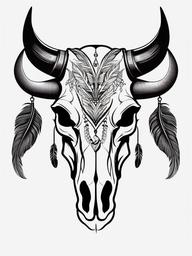 Bull Skull with Feathers Tattoo - Bull skull and feathers design.  simple vector tattoo,minimalist,white background