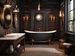 A bathroom with steampunk interior design features vintage plumbing fixtures, ornate mirrors, and industrial-style lighting that transform the space into a stylish retreat.  