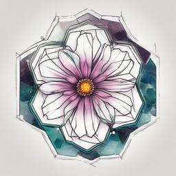 Cosmos flower cutting laying overtop of 3 stacked equilateral hexagons  ,tattoo design, white background