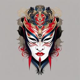 kabuki mask tattoo  simple color tattoo,white background,minimal