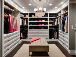 In the walk-in closet, Hampton interior design includes organized storage, bright colors, and natural textures that create a stylish and efficient dressing area.  