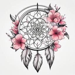 Cherry Blossom Dream Catcher Tattoo - Tattoo combining a dream catcher with cherry blossom motifs.  simple vector tattoo,minimalist,white background