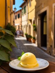 sorbetto al limone, italian lemon sorbet, savored at a gelato shop in a charming tuscan village. 