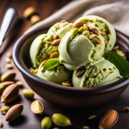 a scoop of velvety pistachio gelato, made with real pistachios for a nutty flavor. 