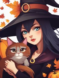 witch and her familiar - create an anime wallpaper featuring a witch and her mischievous familiar, ready for halloween spells. 