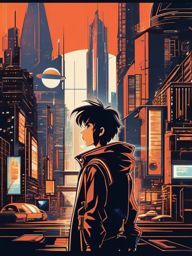 1990 Retro Anime Boy - Lost in a futuristic city, discovers forgotten past.  clipart style