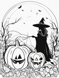 Pumpkin and Witch Coloring Pages - Witch Standing Beside a Grinning Pumpkin  minimal black outline printable sheet, coloring page