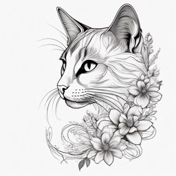 Blooms of delicate beauty in a cat with floral details tattoo: Nature-inspired artistry.  color outline tattoo, white background