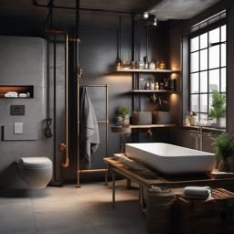 Industrial Bathroom - Industrial bathroom design with exposed pipes and concrete elements. realistic, professional photography, bokeh, natural lighting, canon lens, shot on dslr 64 megapixels sharp focus