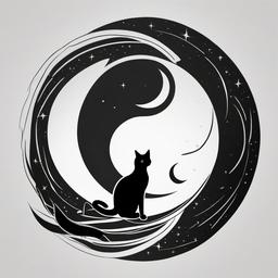 Black Cat Moon Tattoo - Tattoo featuring a black cat with a moon motif.  minimal color tattoo, white background