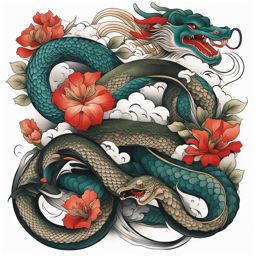 Japanese serpent tattoo, Tattoos inspired by Japanese culture featuring serpents. colors, tattoo patterns, clean white background