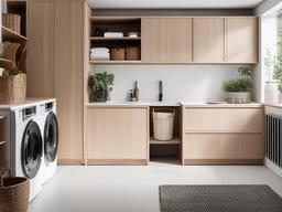 Scandinavian laundry room blends light wood cabinetry, bright white walls, and functional decor, offering a warm and inviting atmosphere for chores.  