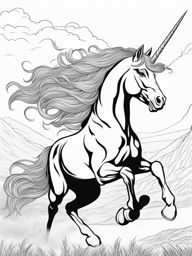 unicorn coloring pages - valiant unicorn leading a charge of mythical creatures, their hooves thundering across a battlefield. 