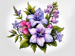 Larkspur tattoo, Tattoos inspired by the colorful and charming larkspur flower.  vivid colors, white background, tattoo design