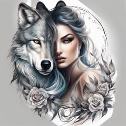 Wolf Lady Tattoo,embodiment of fierce femininity and the wolf's strength, entwined in a captivating tattoo. , color tattoo design, white clean background