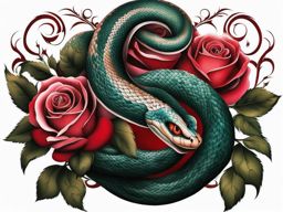 Snake with rose tattoo, Tattoos combining snake imagery with roses.  color, tattoo patterns, white clean background