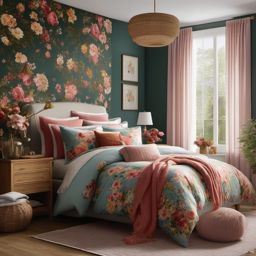 Cottagecore Comfort Bedroom - Design a cozy cottagecore bedroom with floral patterns. , bedroom interior decor design ideas, multicoloured, photo realistic, hyper detail, high resolution,