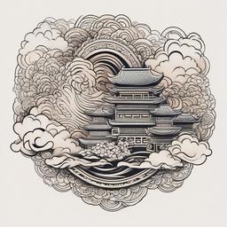 Asian Cloud Tattoo-Intricate and artistic tattoo featuring clouds in an Asian-inspired style, capturing cultural richness and symbolism.  simple color tattoo,white background