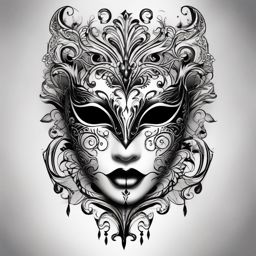 An enchanted mask conceals, leaving a masked mark tattoo.  black and white tattoo style