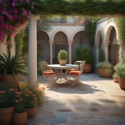 Mediterranean Courtyard - Capture the essence of the Mediterranean with a courtyard garden. multicoloured, photo realistic, hyper detail, high resolution