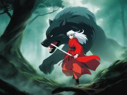 inuyasha battles a formidable demon within a mystical forest shrouded in mist. 