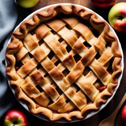 a classic apple pie, bursting with tender, cinnamon-spiced apples beneath a golden crust. 