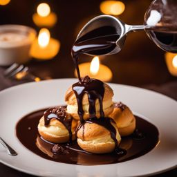 french profiteroles with chocolate sauce, enjoyed at a romantic candlelit dinner in paris. 