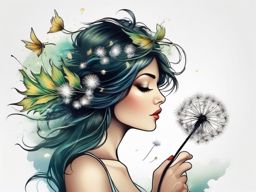 fairy blowing dandelion tattoo  simple color tattoo style,white background