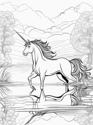 unicorn coloring pages - ethereal unicorn gliding over a serene, glassy lake, its reflection a mirror image of grace and beauty. 