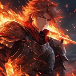 Heroic anime warrior in a fiery battleground. , aesthetic anime, portrait, centered, head and hair visible, pfp