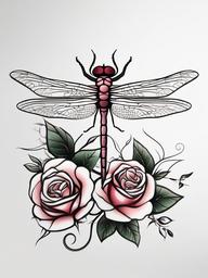 Dragonfly Rose Tattoo - Tattoo featuring both a dragonfly and a rose in the design.  simple color tattoo,minimalist,white background