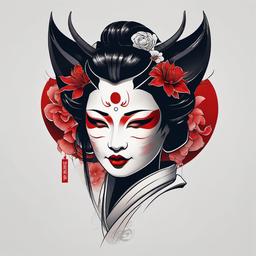 Hannya Geisha Tattoo - A tattoo design that combines the expressive Hannya mask with the grace and beauty of a Geisha.  simple color tattoo,white background,minimal