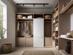 In the laundry room, Wabi Sabi interior design includes simple storage solutions, natural fabrics, and a minimalist layout that makes chores feel more organized and calming.  