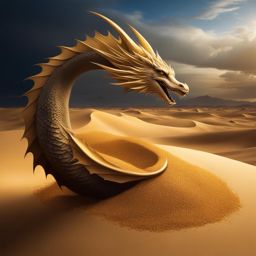 sand dragon burrowing beneath the shifting sands of a vast desert, emerging with a shower of golden grains. 