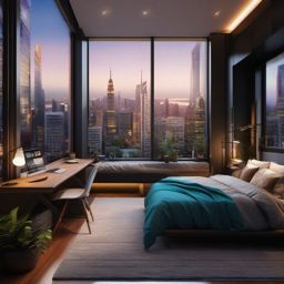 City Skyline Sleeping Sanctuary - Design a bedroom with a skyline view and urban aesthetics. , bedroom interior decor design ideas, multicoloured, photo realistic, hyper detail, high resolution,