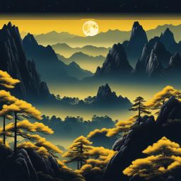 huangshan - illustrate the dreamlike night view of huangshan, or yellow mountain, with its iconic granite peaks, twisted pines, and sea of clouds illuminated by the moon. 