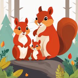 Red Squirrel Family Clip Art - Family of red squirrels in the forest,  color vector clipart, minimal style