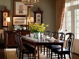 Colonial dining room showcases classic wooden furniture, simple decorations, and soft lighting, providing a cozy setting for family gatherings.  