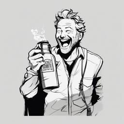 drawing of Rick holding a flask and laughing  minimal rough sketch scribbles,doodles,black and white