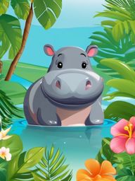 Cute Hippo in a Tropical Watering Hole  clipart, simple