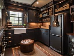 A utility room designed with steampunk interior design includes vintage storage solutions, quirky accents, and an organized layout that makes chores feel manageable and appealing.  