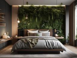 Biophilic interior design in the bedroom features organic bedding materials, a nature-inspired color palette, and plenty of greenery, fostering a serene and restful environment.  