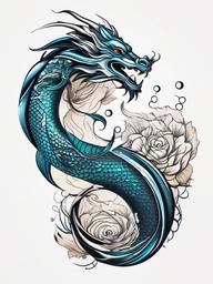 Dragon and Fish Tattoo - Unique tattoo featuring a dragon and fish elements.  simple color tattoo,minimalist,white background