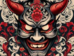 Hannya Mask Tattoo Traditional-Timeless and classic traditional tattoo featuring a Hannya mask, showcasing artistic and cultural aesthetics.  simple color vector tattoo