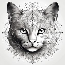 Celestial alignment of feline spirit in cat with cosmic constellations ink: A heavenly tattoo.  black white outline tattoo, white background