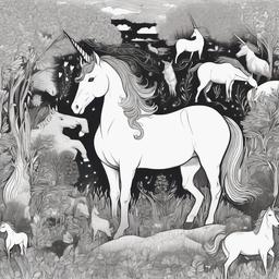 drawing of a unicorn surrounded by animals  minimal rough sketch scribbles,doodles,black and white