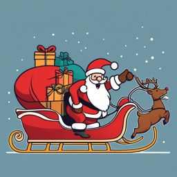 Santa and sleigh clipart, Santa Claus joyfully riding his sleigh with gifts in tow.  simple, 2d flat